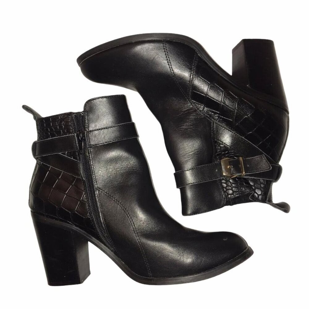 Edgy Street Style ShoeMint Ankle Moto Boots Black Croc Buckle Strap Block Heel